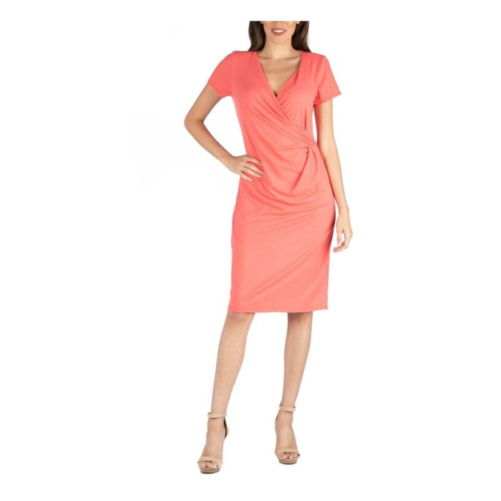 NWT 24 SEVEN COMFORT Womens Coral Cap Sleeve Faux Wrap Dress Maternity M